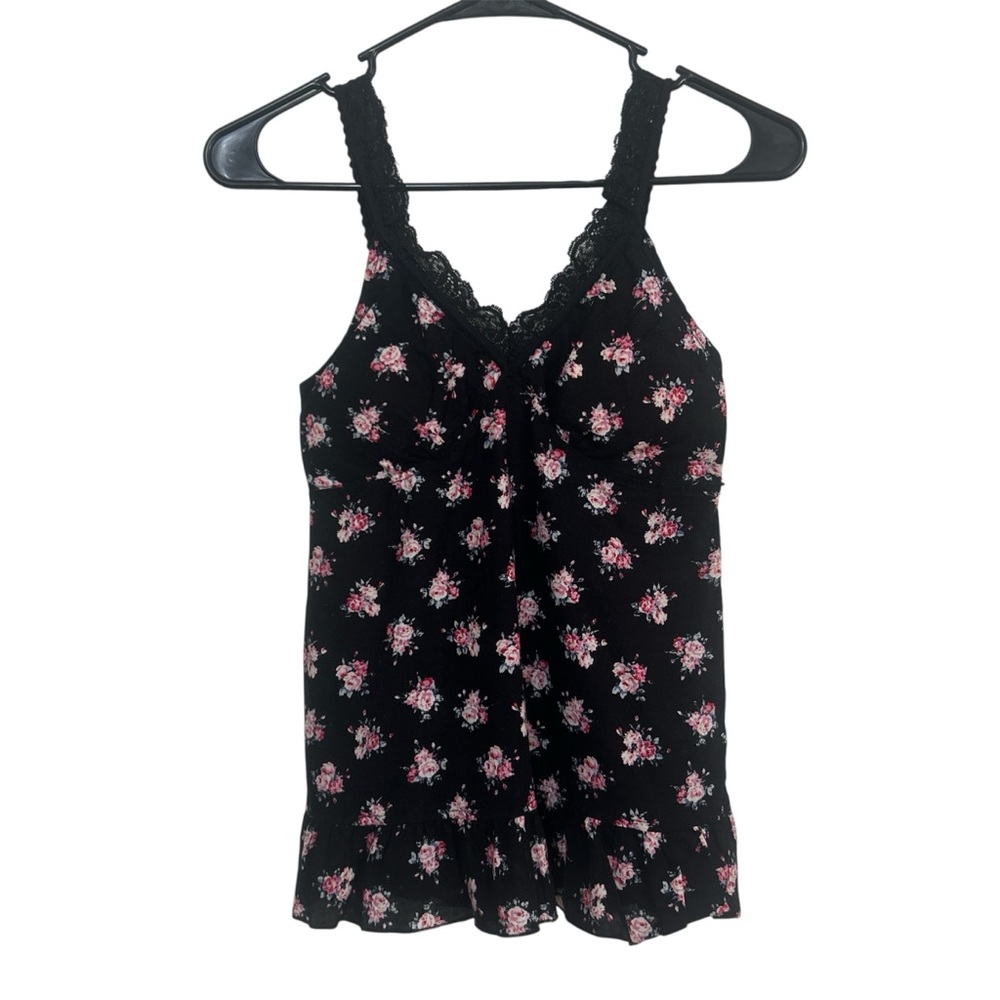 Y2K L.e.i. Black Floral Lace Trim Ruffle Hem V-neck Camisole Tank Top Small